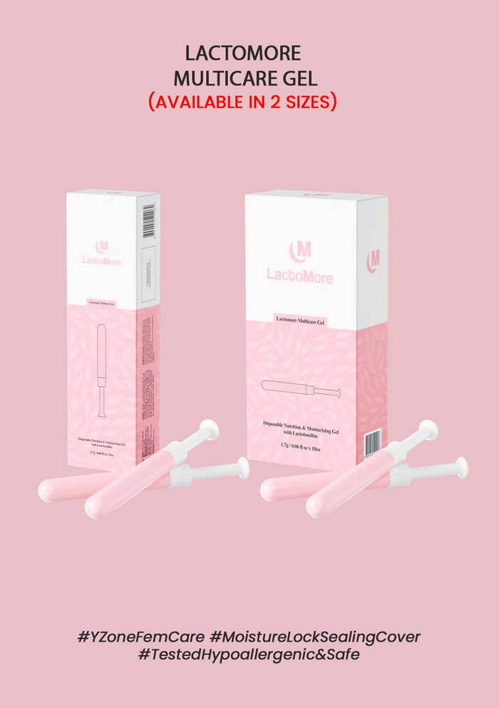 Packaging of LACTOMORE Multicare Gel, showing boxes and syringe-like applicators, in pink and white colors.