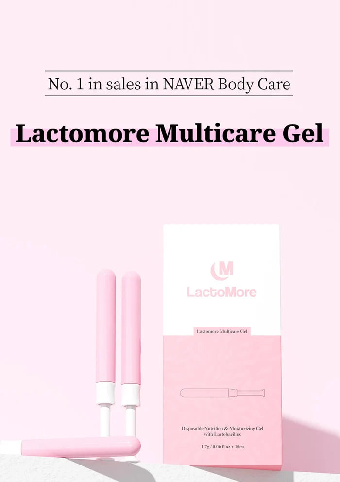 Lactomore Multicare Gel product packaging and applicator tubes in pastel pink and white, displayed on a light pink background with promotional text at the top.