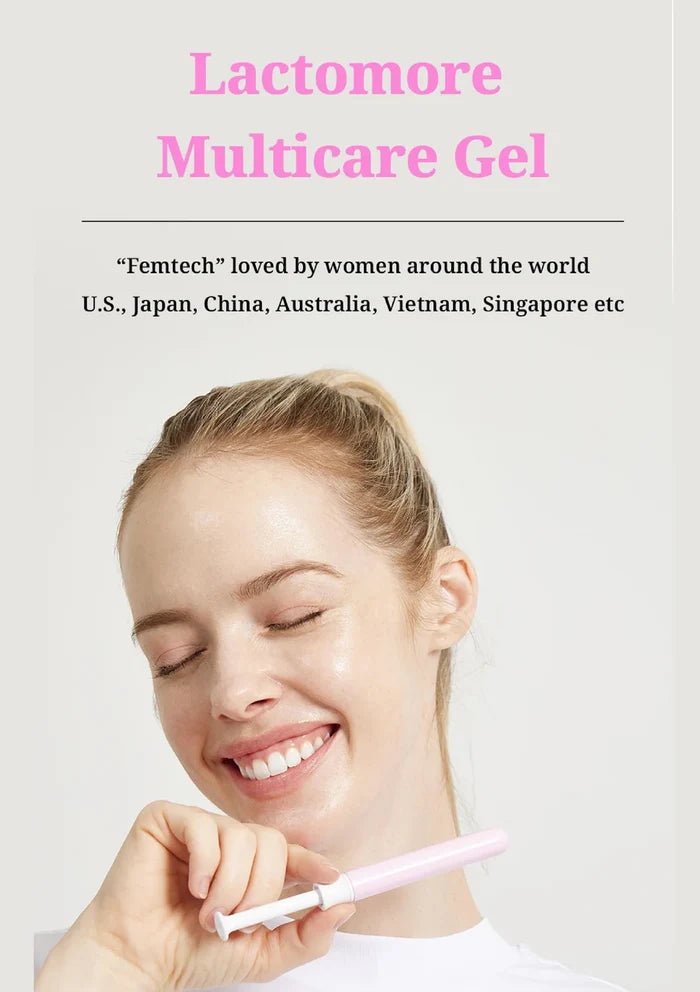 Promotional graphic for Lactomore Multicare Gel showing a smiling woman holding a light pink cosmetic applicator against a light gray background with pink and black text.