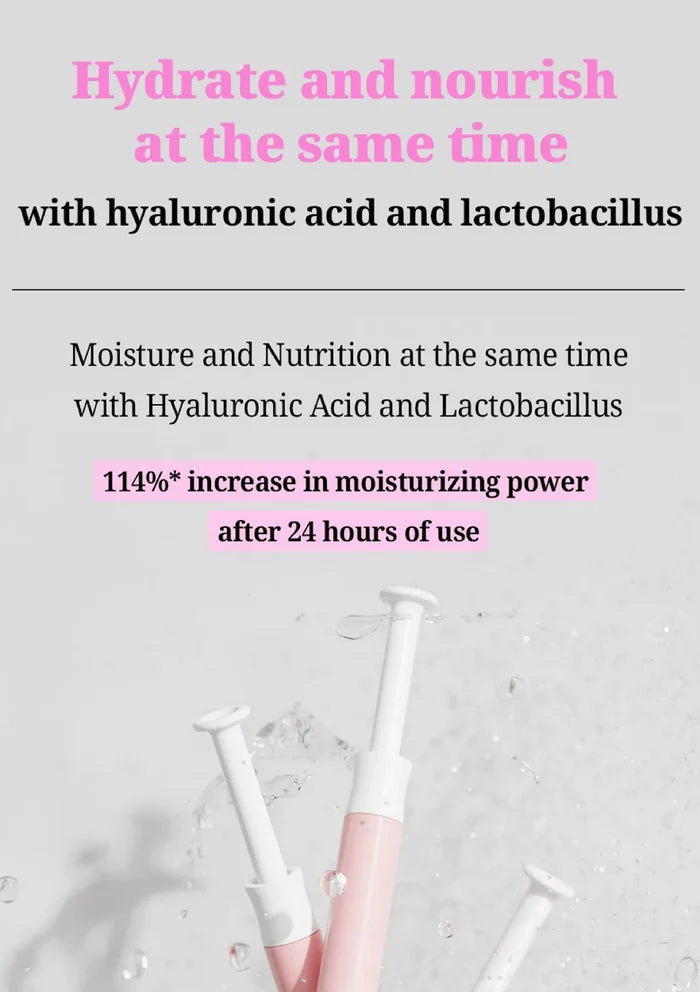 Promotional graphic for a skincare pump bottle, featuring pink and white syringe-style applicators at the bottom against a light gray background with text highlighting hyaluronic acid and lactobacillus benefits.