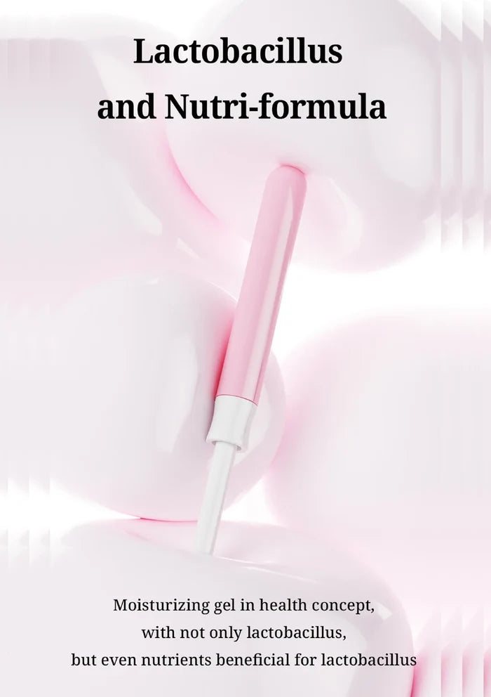 A promotional graphic with the text 'Lactobacillus and Nutri-formula' over a soft pink and white abstract background featuring a stylized pink-and-white applicator or tube. Smaller text at the bottom reads, 'Moisturizing gel in health concept, with not only lactobacillus, but even nutrients beneficial for lactobacillus.