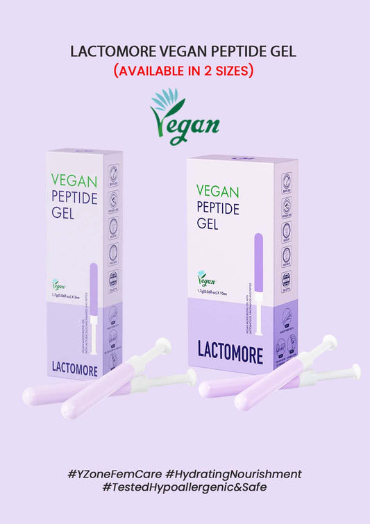 Packaging of LACTOMORE Vegan Peptide Gel with branding and product information, indicating that the product is available in two sizes and is vegan certified.