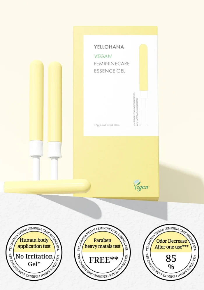 Yellowhana Vegan Feminine Care Essence Gel set, featuring a pale yellow box, two applicator sticks, and a yellow gel stick, displayed alongside three circular certification badges at the bottom on a light cream background.