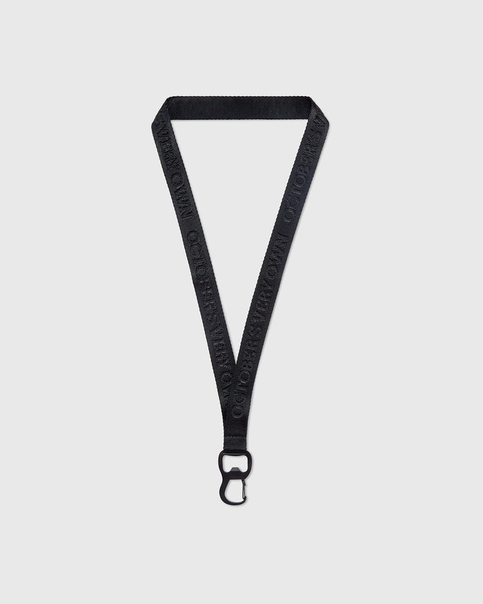 Black lanyard with textured fabric straps and metal clip attachment at bottom.