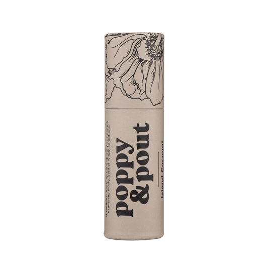 Lip balm tube beige with 'Island Coconut' label and coconut line graphic