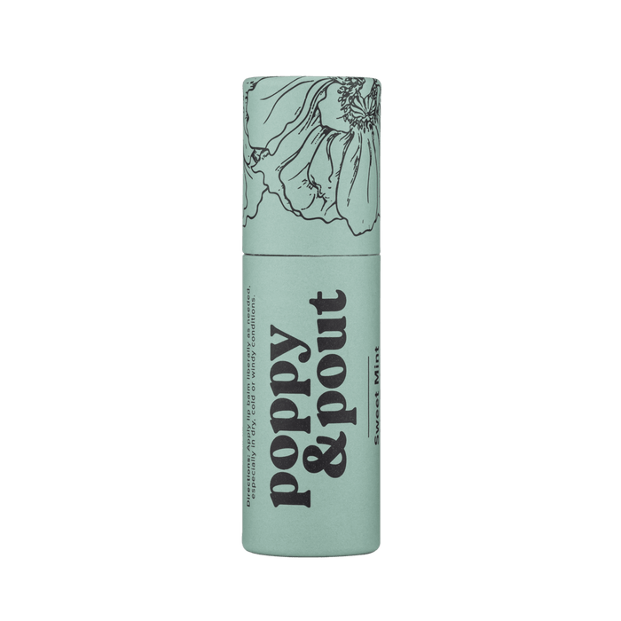 Mint lip balm tube with poppy & pout branding and Sweet Mint label