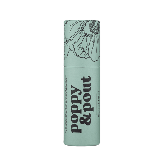 Mint lip balm tube with poppy & pout branding and Sweet Mint label