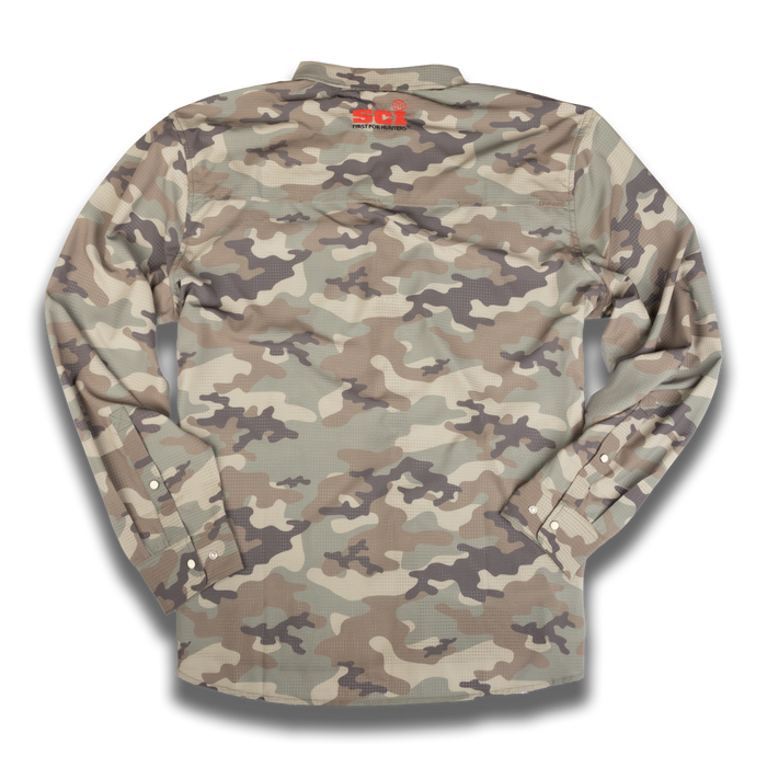 Rear View of Vintage woodand camo longsleeve airflow shirt with SCI logo on upper back