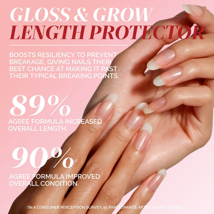 Close-up of hands with long natural nails against a pink background, showcasing LONDONTOWN’s Luxe Length Nail Gloss—a length protector that adds shine and boasts impressive formula effectiveness.
