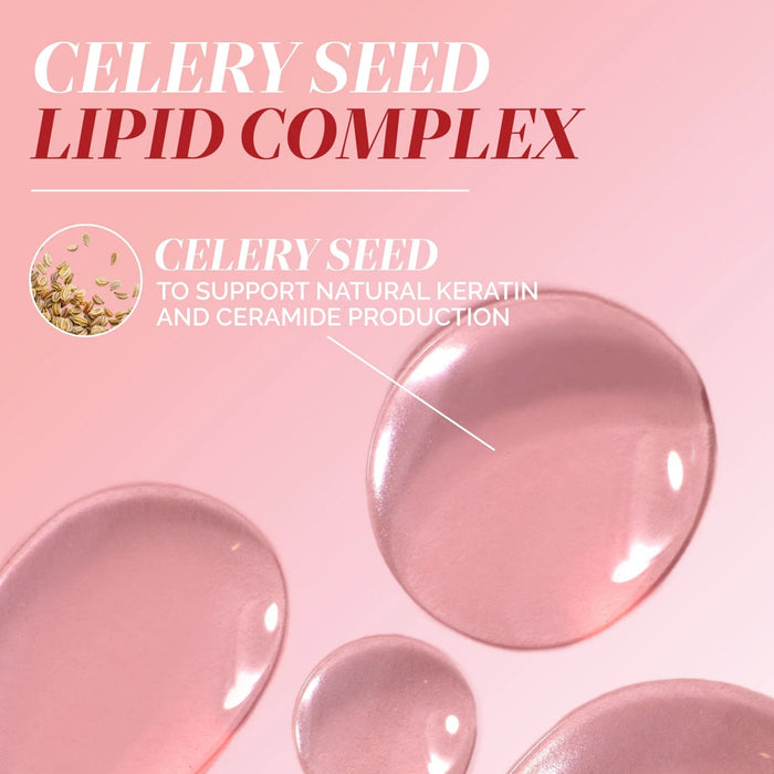 Soft pink background with large liquid drops, celery seeds, and text reading "Luxe Length Nail Gloss." Powered by celery seed, LONDONTOWN’s formula supports natural keratin and ceramide for stronger, glossier nails.