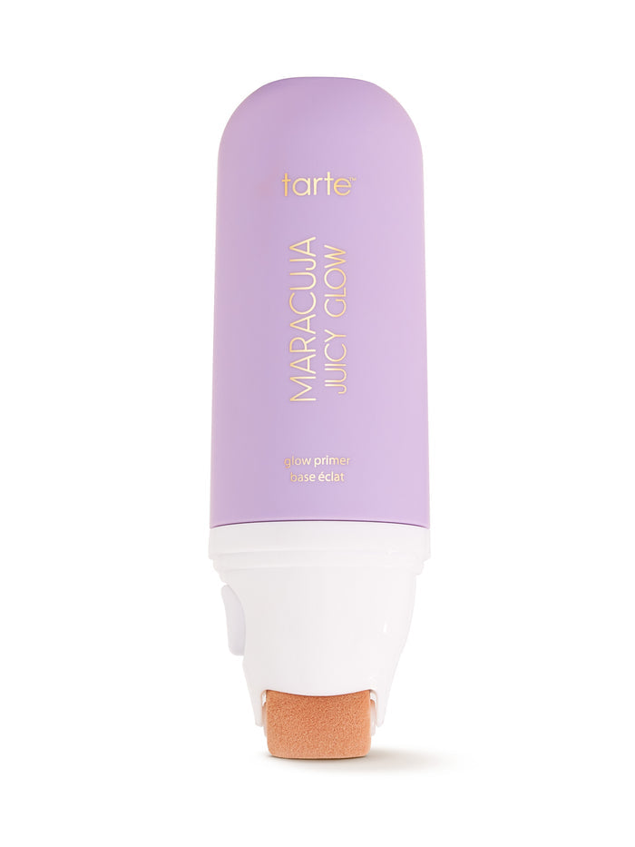Lavender bottle with a white cap labeled 'Maracuja Juicy Glow' on a white background