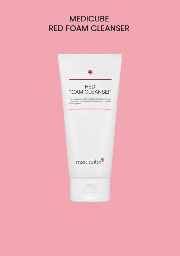 Medicube Red Foam Cleanser tube on a pink background
