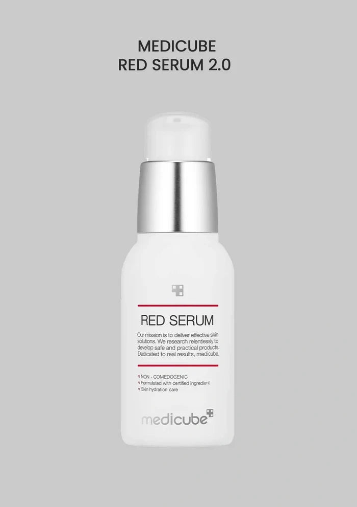 Medicube Red Serum 2.0 bottle on a gray background