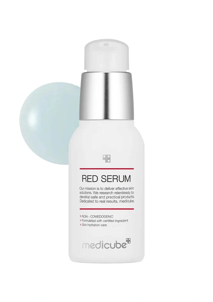 Medicube Red Serum bottle with a dropper on a white background