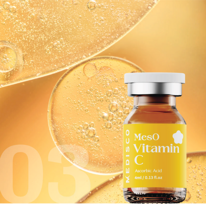 Unleash the power of Medisco Meso Vitamin C in this 4ml Booster Serum bottle, formulated with pure Ascorbic Acid for optimal skin health. Ideal for integrating with Medisco Glutathione, Meso solution for skin and hair, and Meso Solutions, this serum is your go-to for effective beauty treatments.