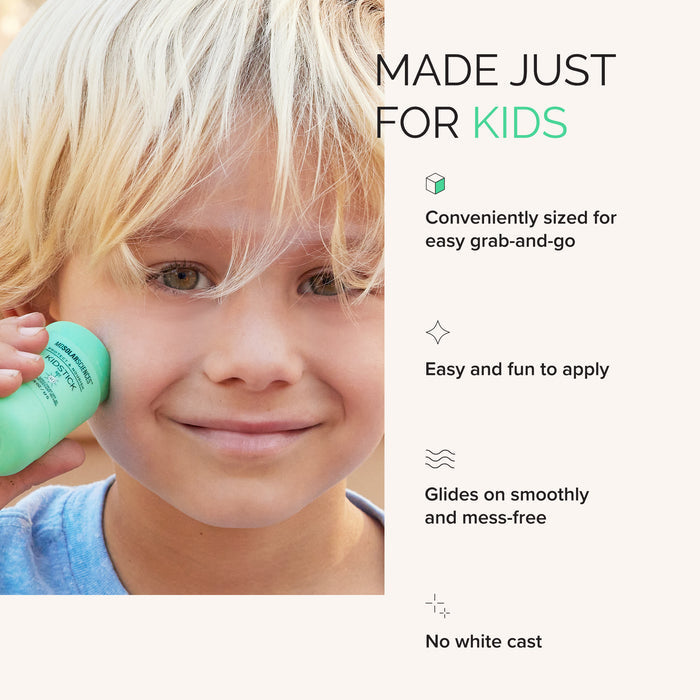 Child applying MDSolar sunscreen green bottle plus text about product features.