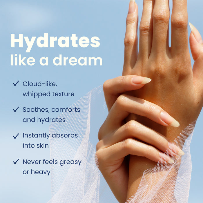 A close-up of manicured hands against a blue sky, featuring text about LONDONTOWN Mini Whipped Cloud Hand Cream—its hydrating, lightweight formula is perfect for soothing and restoring dry hands.