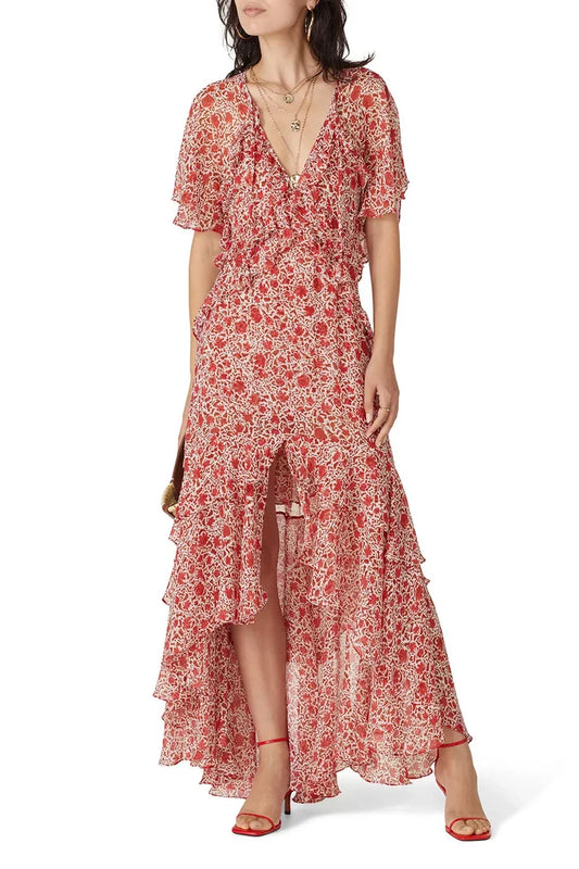 Red silk dress by Misa Los Angeles featuring a vibrant Katarina print, displayed on a mannequin in size M.