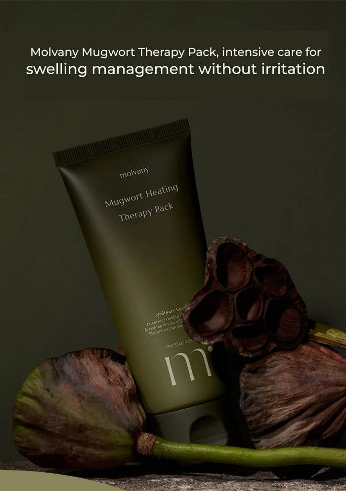 Molvany Mugwort Therapy Pack with mugwort leaves on a dark background