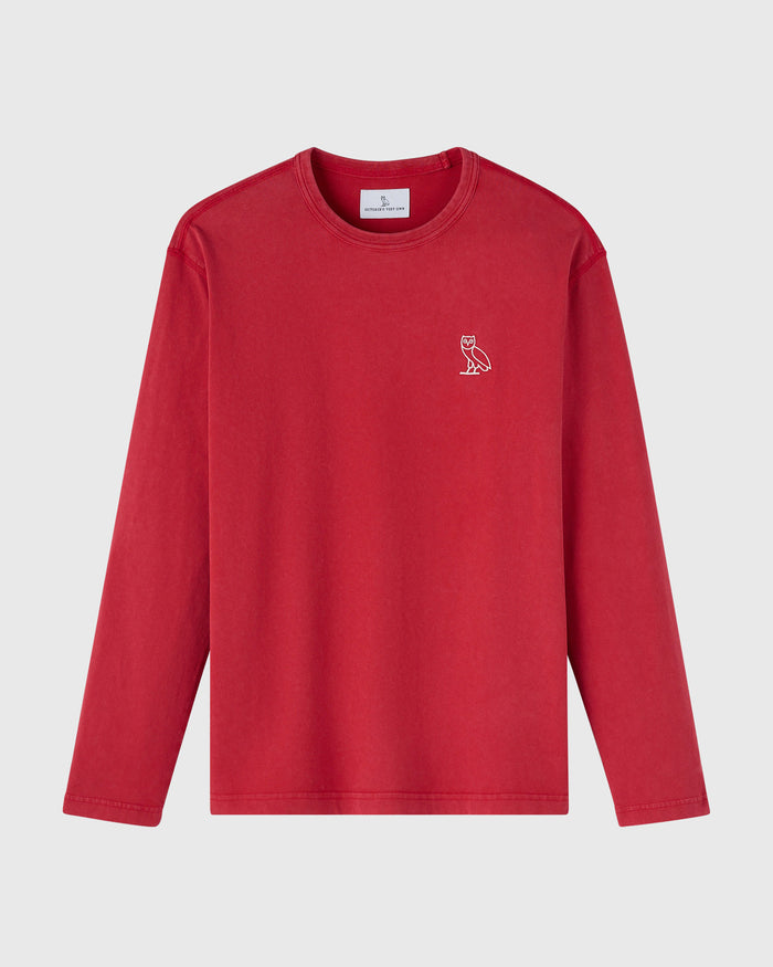 Berry-colored long-sleeve tee with small owl emblem on chest and crew neckline.