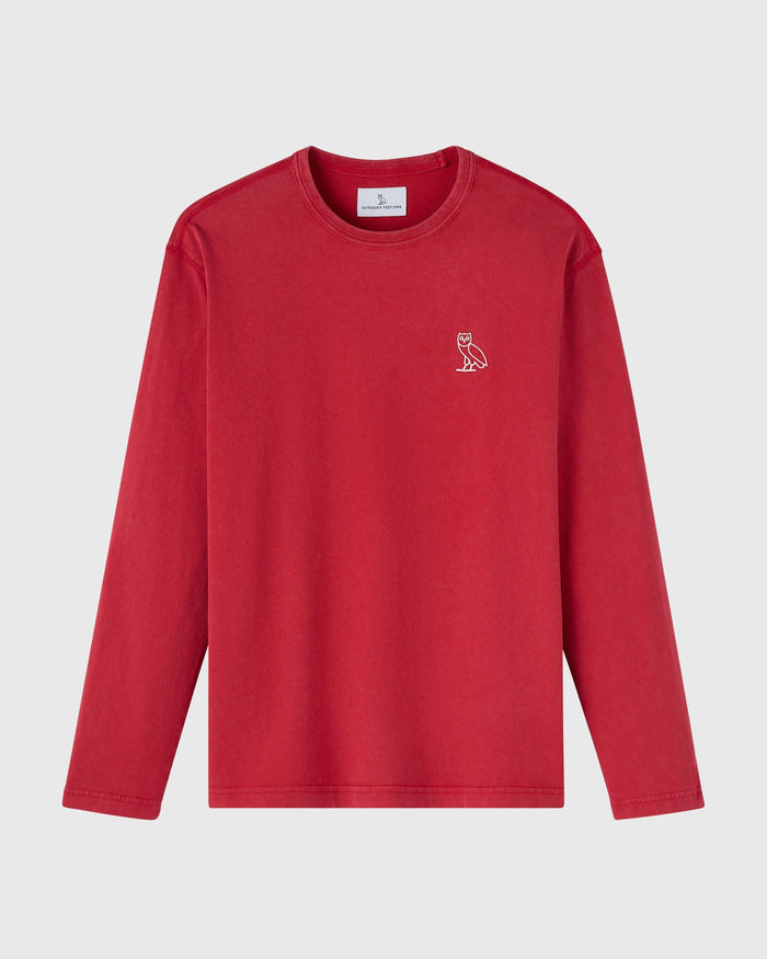Red long-sleeve t-shirt with small owl embroidered on chest and crew neckline.