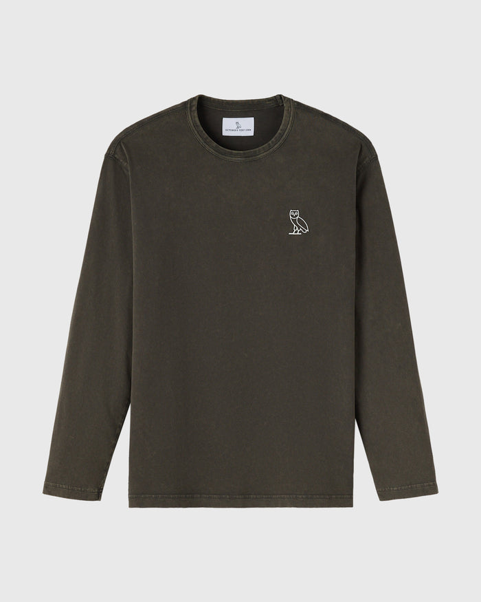 Deep olive long-sleeve tee with crew neckline and small owl embroidery on chest.