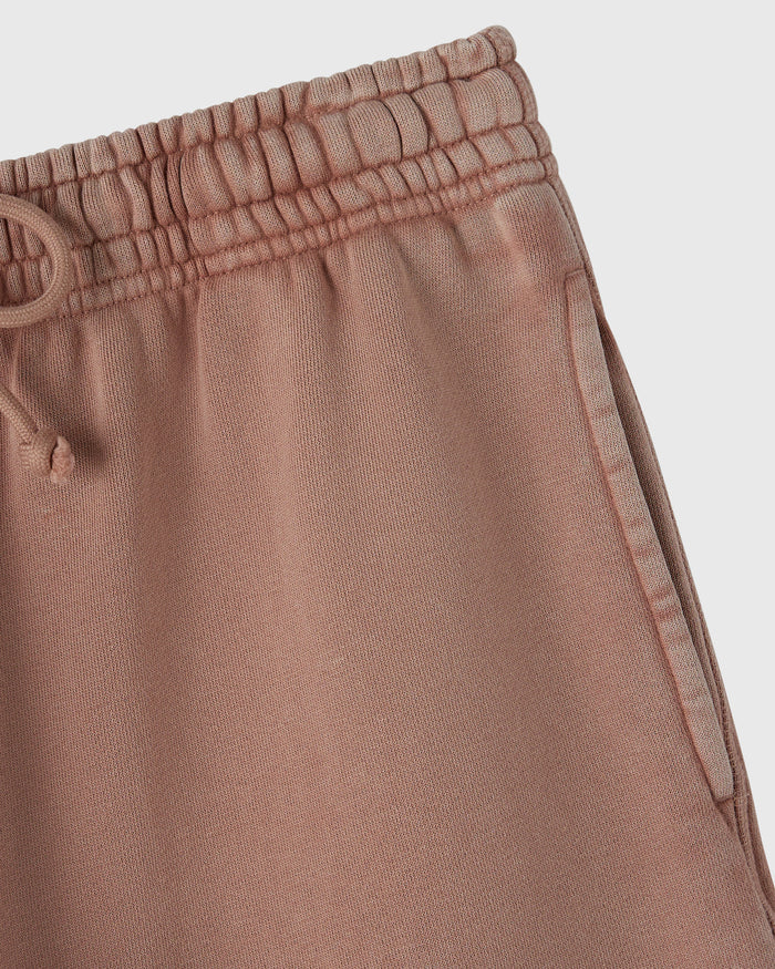 Clay pink ribbed sweatshort with elastic waistband and side seam detail.