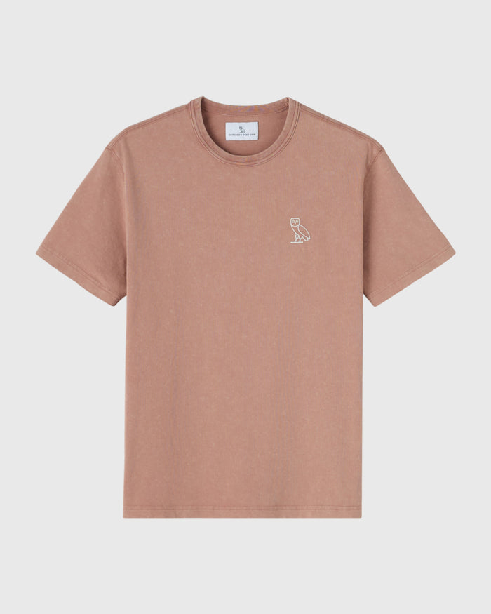 Dusty rose short-sleeve t-shirt with small owl outline embroidered on chest.