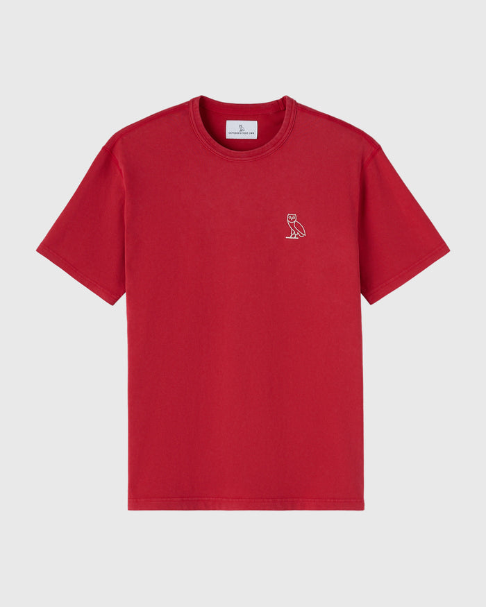 Berry red t-shirt with small owl emblem on chest and crew neckline.