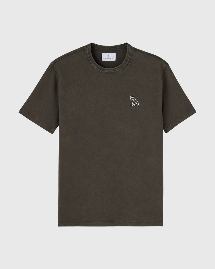 Deep olive short-sleeve t-shirt with small owl embroidery on chest.