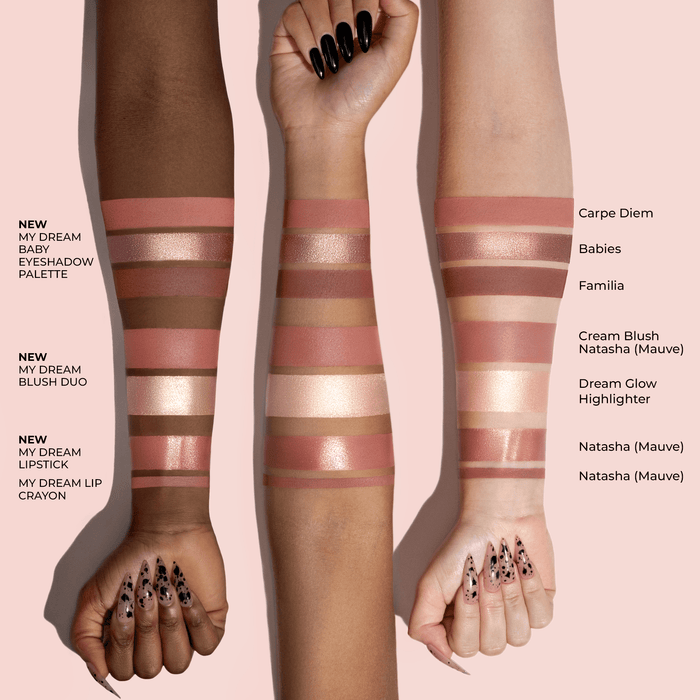 My Dream Pouch arm swatches on different skin tones.