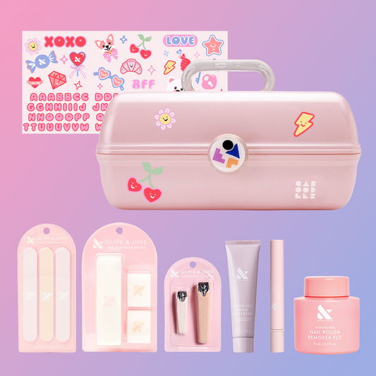 Nail Essentials Caboodle Bundle with manicure tools, polish remover, nail stickers, and limited edition pink case for at-home mani