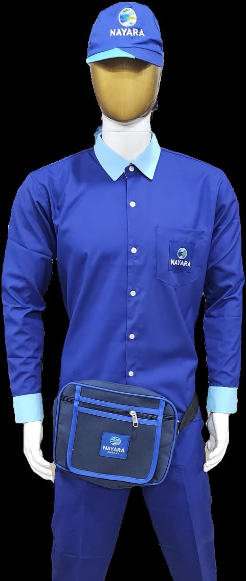 Nayara petrol pump uniform – Complete Uniform Set. Shirt Blue with Blue Trouser & P-Cap