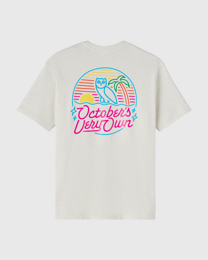 Ash heather grey t-shirt with colorful neon graphic of owl, sun, and palm tree in circle with "October's Very Own" text.