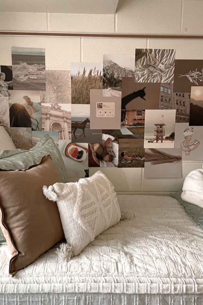 cream color magnetic box with 55 prints and images that are 8x10 inches and are warm earth tone colors. Mostly creams, beiges, browns, greens, and oranges - with photos and graphics that are scenic mountains, animals, nature, city architecture, and mid century modern prints