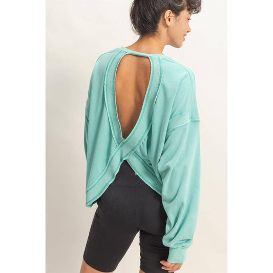 Oversized Cross Detail Open Back Sweatshirt: TURQUOISE