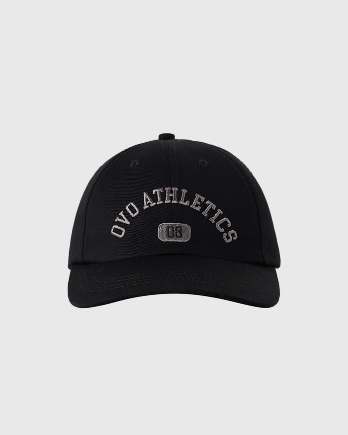 Black baseball cap with "OVO Athletics" embroidered text and logo patch on front.