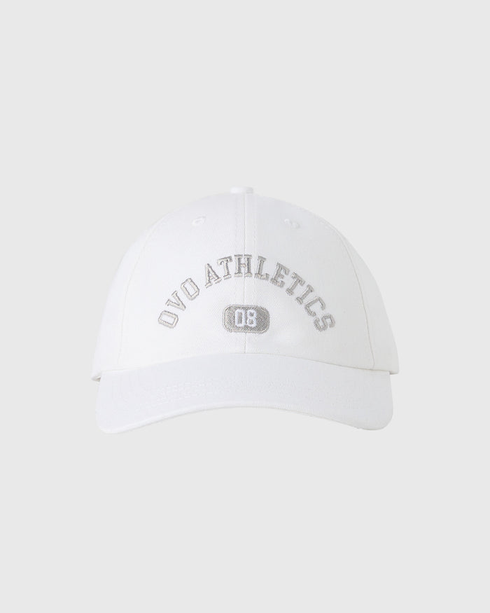 White baseball cap with "OVO Athletics" and "08" embroidered in gray across the front.