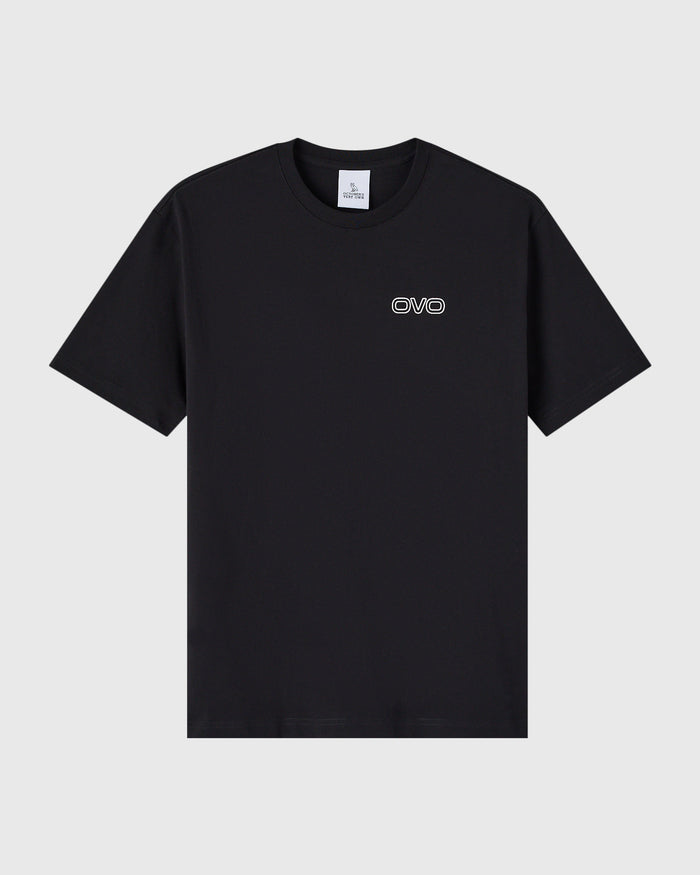 Black short-sleeve crewneck t-shirt with OVO logo on chest.