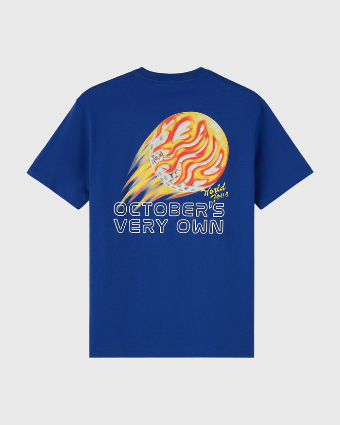Midnight blue t-shirt with flaming fireball graphic and "October's Very Own" text on back.
