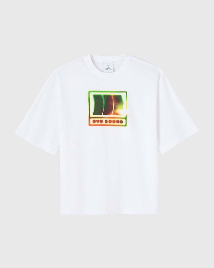 White short-sleeve t-shirt with neon OVO Sound graphic print centered on chest.