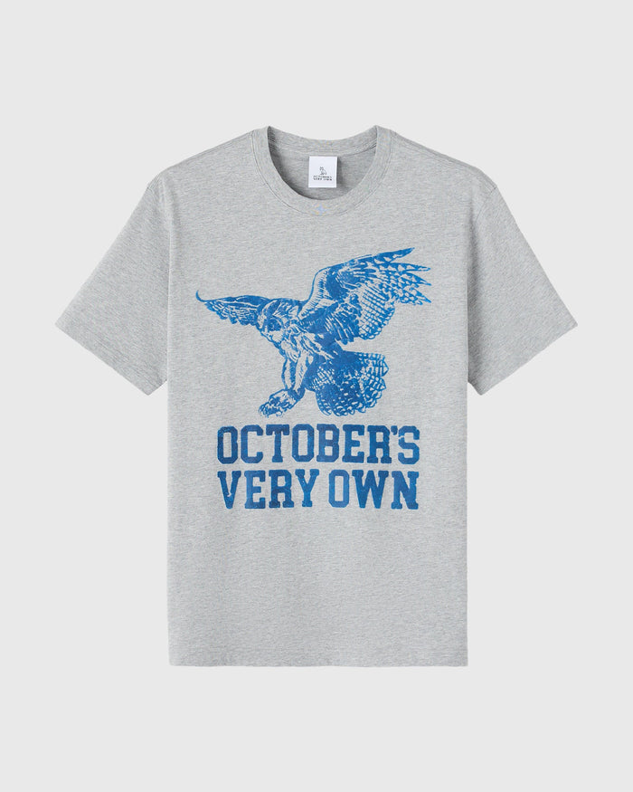 Heather grey t-shirt with blue puff print owl graphic and "October's Very Own" text on chest.