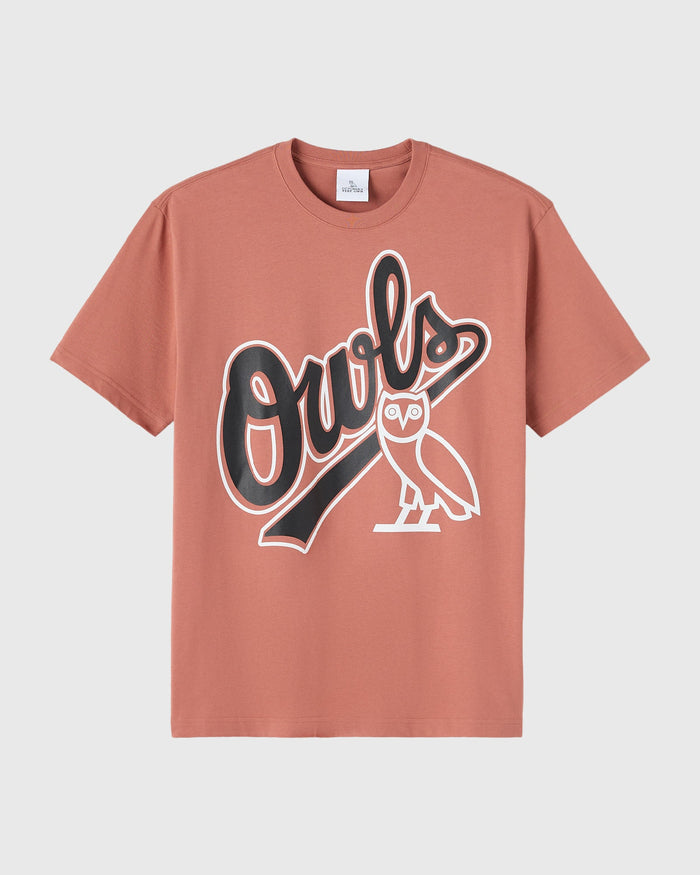 Rosewood short-sleeve tee with "Owls" text and owl graphic in white and dark gray.