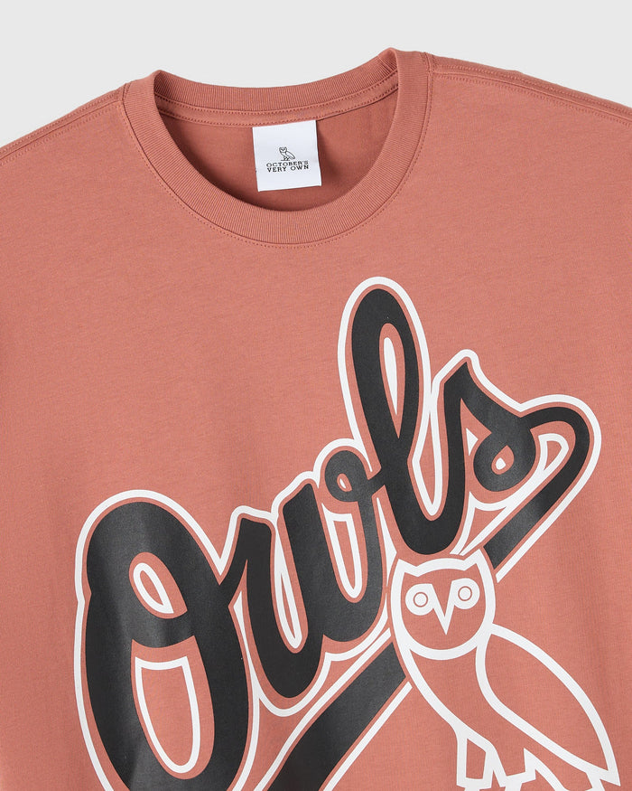 Rosewood t-shirt with black and white owl graphic and "Owls" text in baseball-style lettering.