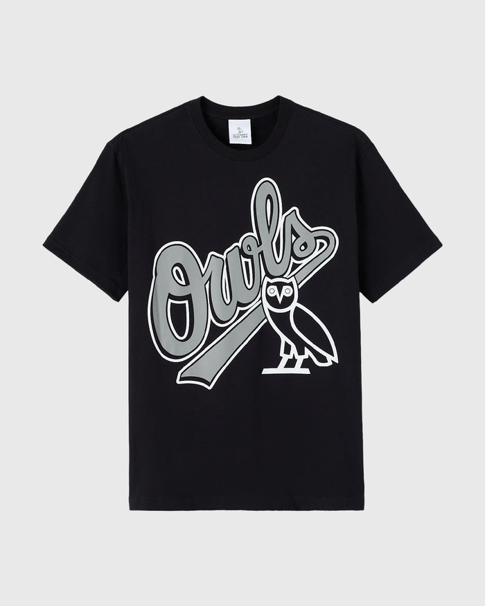 Black t-shirt with white and gray "Owls" text and baseball bat graphic with owl illustration on chest.