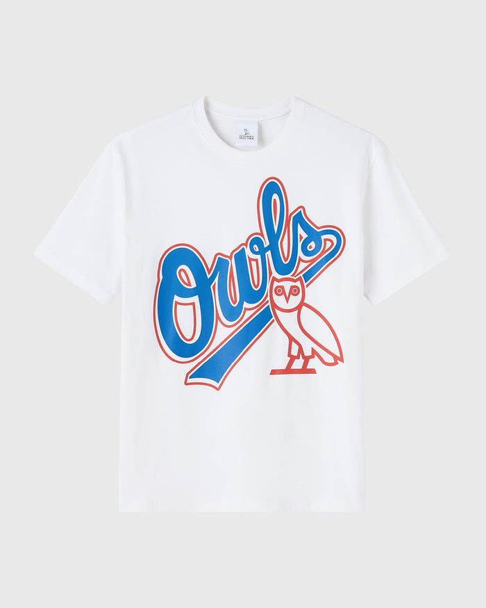 White t-shirt with blue and red "Owls" text and owl graphic on chest.
