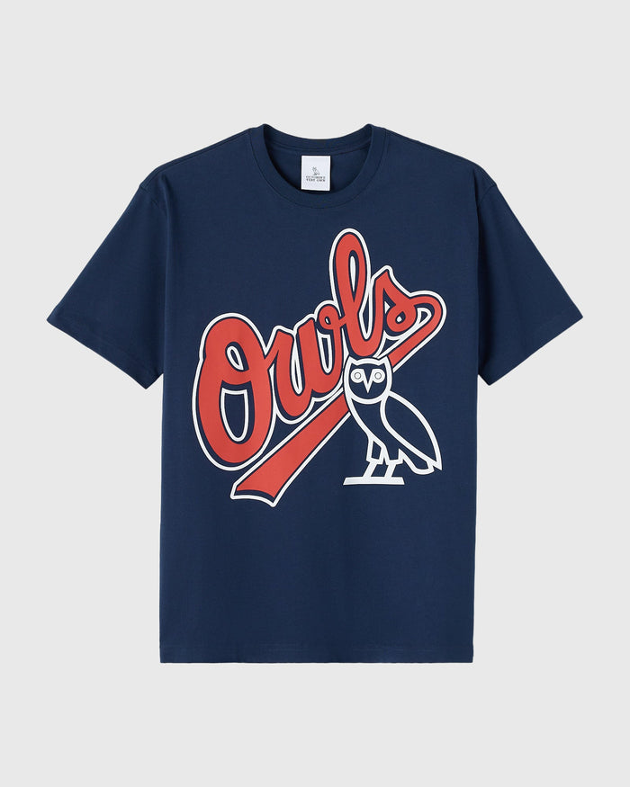 Navy cotton t-shirt with red and white "Owls" baseball-style graphic and owl illustration on chest.