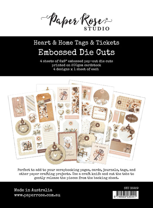 Paper Rose - Embossed Die Cuts - Heart & Home Memories Tags & Tickets. Available at Embellish Away located in Bowmanville Ontario Canada.