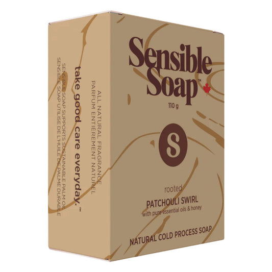 Box of Sensible Co. Patchouli Swirl Bar Soap 110g