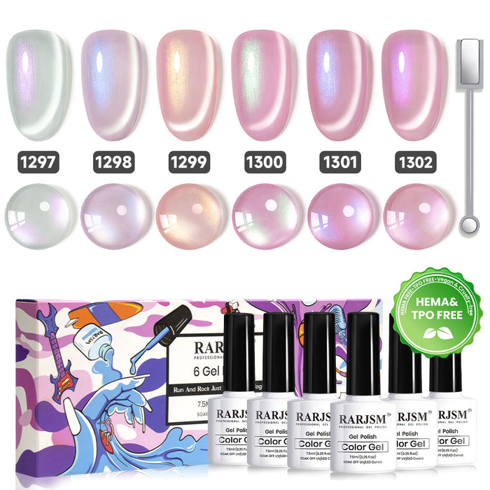 Pearl glaze harmony cat eye gel polish set 6 pearly sheer opal colors RARJSM HEMA TPO free vegan
